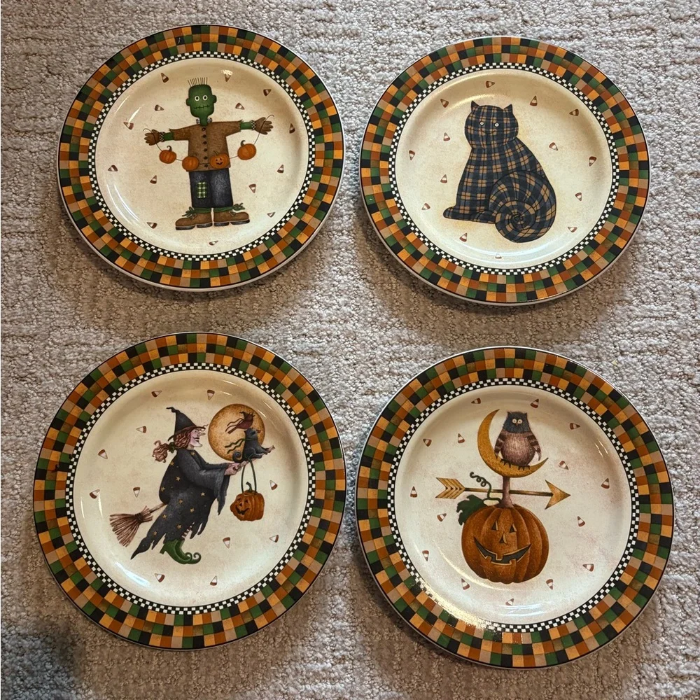 VTG 1998 Sakura Debbie Mumm HALLOWEEN 8 Inch Salad Plates COMPLETE SET OF 4